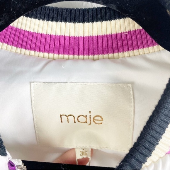 Maje Peacock Embroidered Satin Bomber Jacket White Small Casual Sporty Cropped - Picture 6 of 9